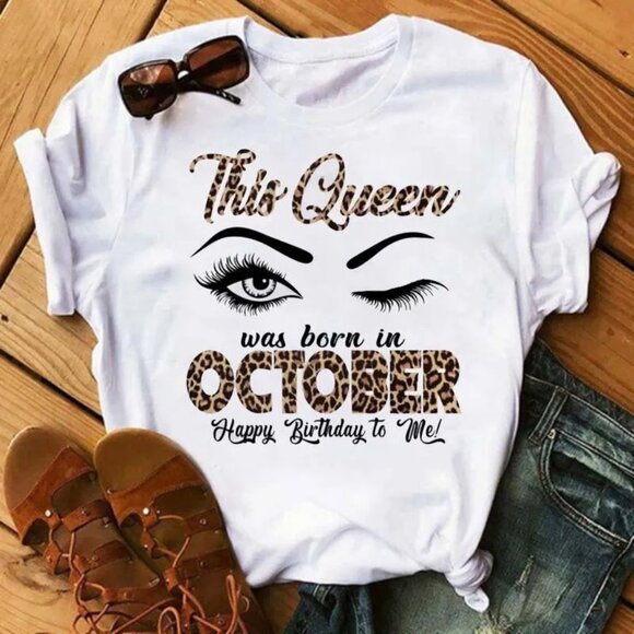 OCTOBER Birthday Queen Leopard Letter Print Short Sleeve Women T-Shirt Size Larg - Picture 2 of 2